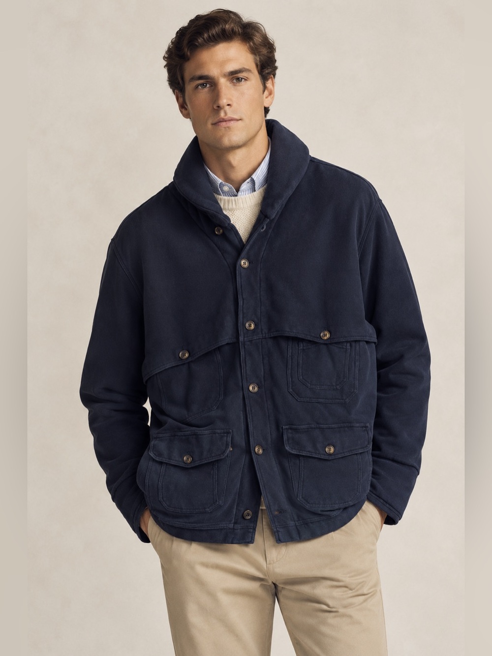 Vintage 90s Polo Ralph Lauren Winter Rugby Sports Jacket Soft Cotton Navy XL